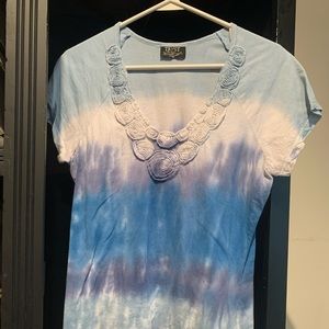 Tryst blue & white tie-dye women's vneck t-shirt with rose embellishments L